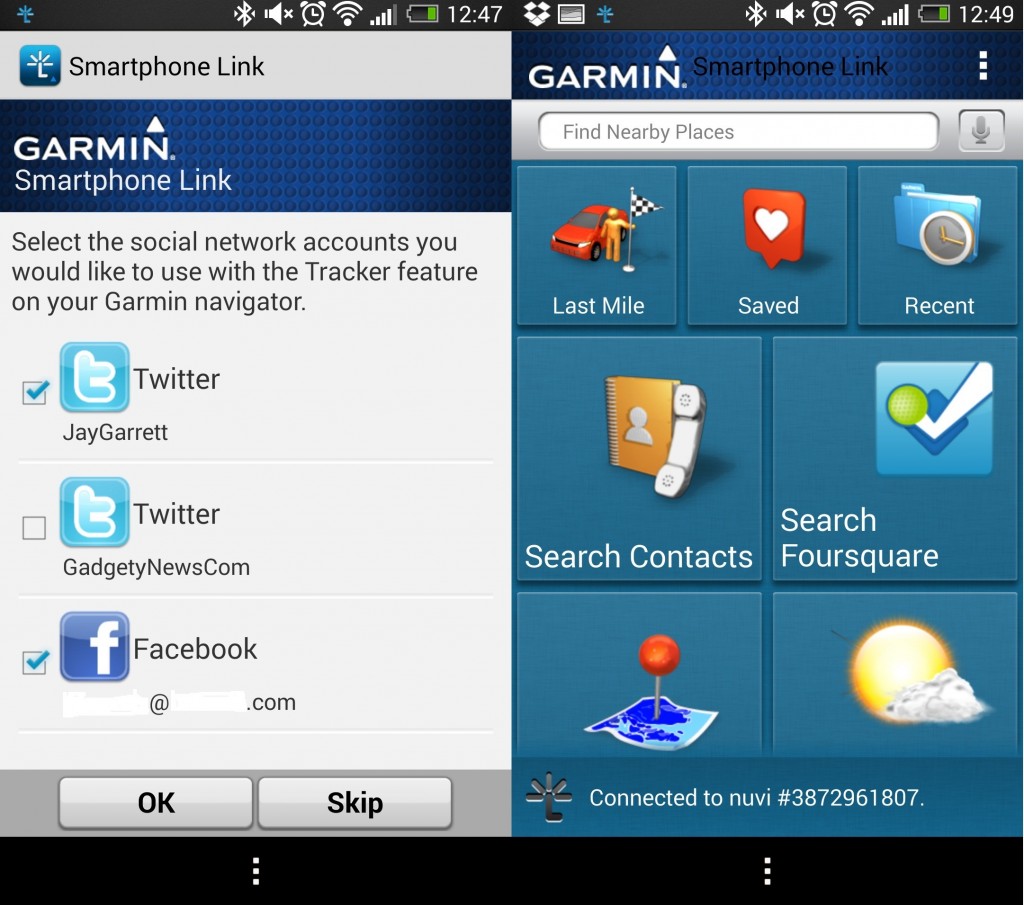 Garmin smartphone link screens